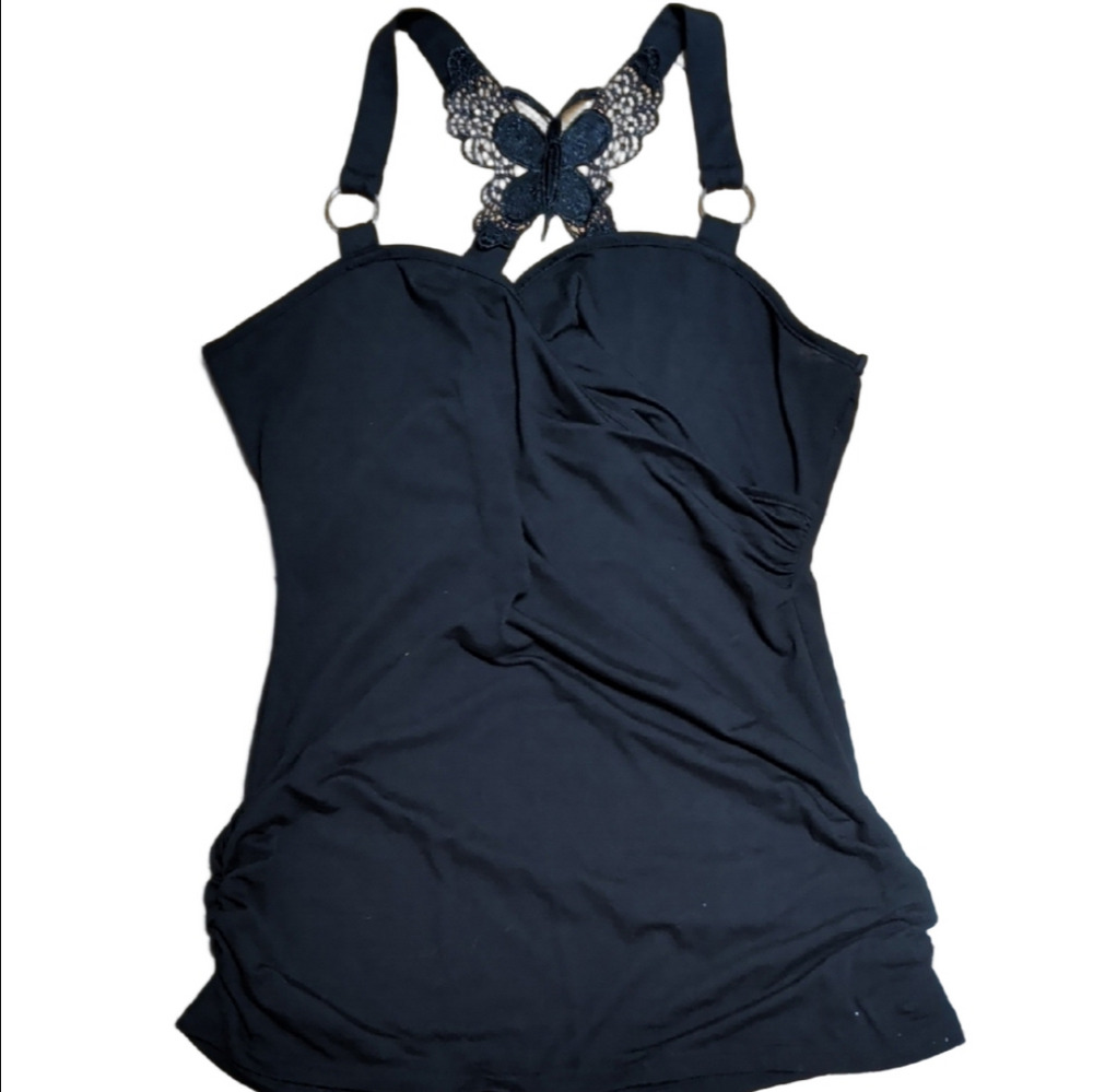 ​🌞BOGO🌞 Black Ruched Tank Top Butterfly Lace Racerback Size L